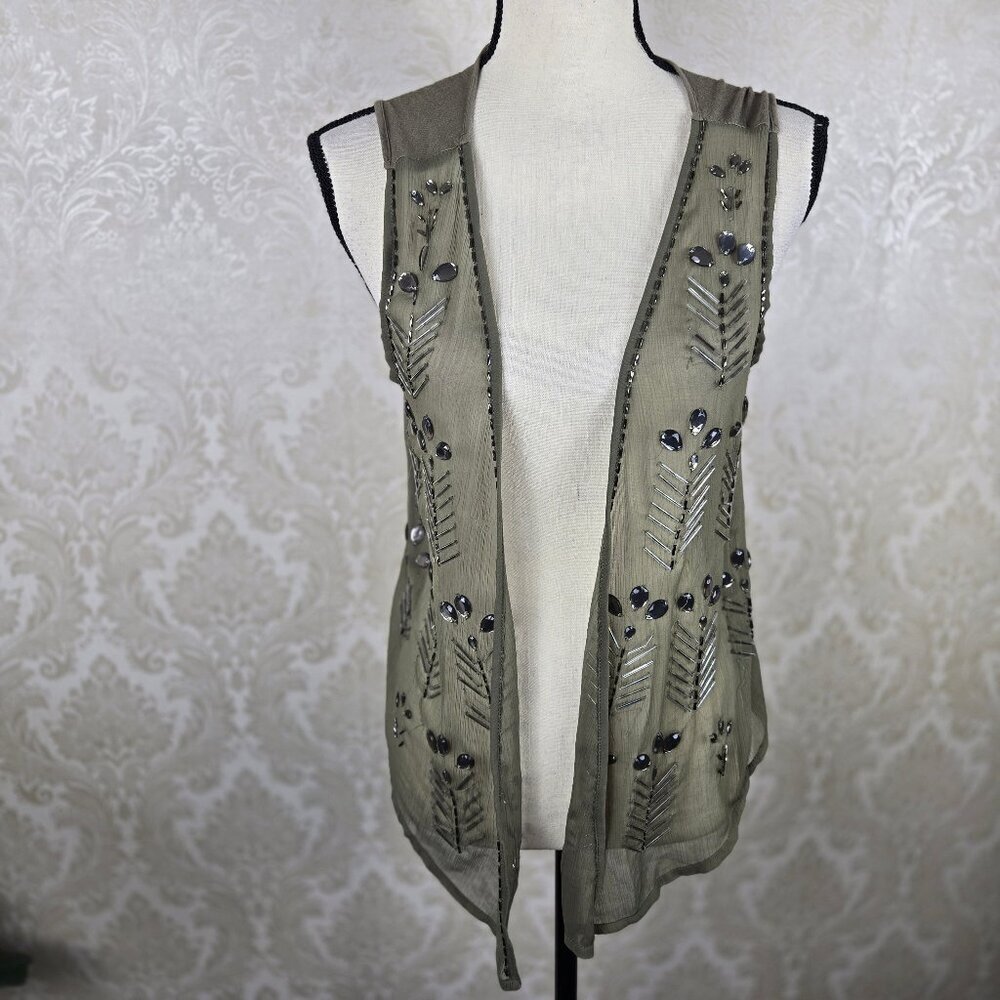 Bar III Size XS Olive Green Lightweight Vest Beaded Open Front Boho Festival